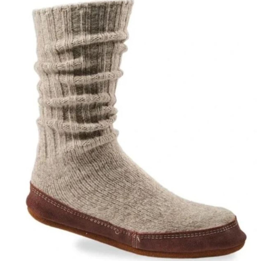 Acorn Men's Gray Cream Knit Slipper Socks Size 12 - 13
